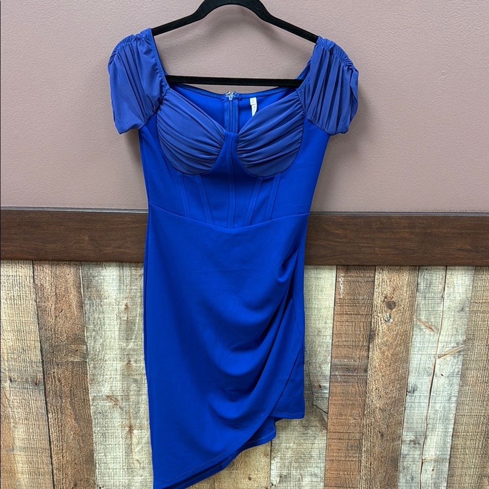 Bluebell Collection Blue Ruched Asymmetrical Mini Dress
